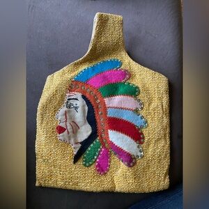 1970 Hobo Yellow Textured Tote with Colorful Appliqué Headdress